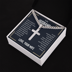 Cuban Link Chain with Engraved Artisan Cross - For Husband Love Your Wife