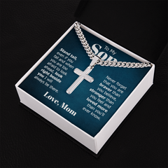 Cuban Link Chain with Engraved Artisan Cross - For Son Love Mom
