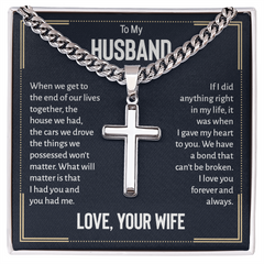 Cuban Link Chain with Engraved Artisan Cross - For Husband Love Your Wife