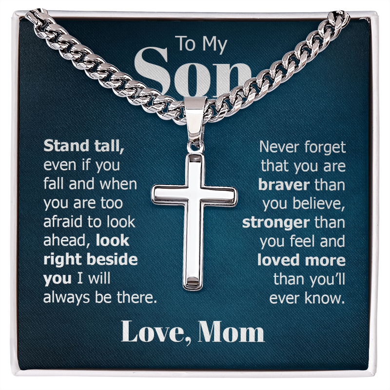 Cuban Link Chain with Engraved Artisan Cross - For Son Love Mom