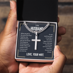 Cuban Link Chain with Engraved Artisan Cross - For Husband Love Your Wife