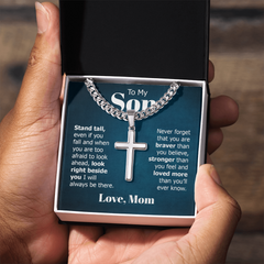 Cuban Link Chain with Engraved Artisan Cross - For Son Love Mom