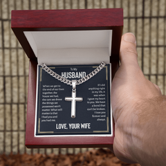 Cuban Link Chain with Engraved Artisan Cross - For Husband Love Your Wife