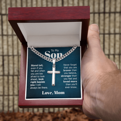 Cuban Link Chain with Engraved Artisan Cross - For Son Love Mom