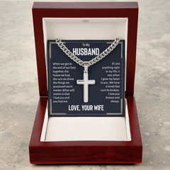 Cuban Link Chain with Engraved Artisan Cross - For Husband Love Your Wife