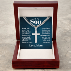 Cuban Link Chain with Engraved Artisan Cross - For Son Love Mom