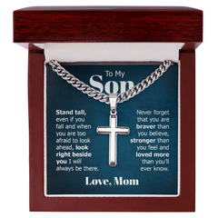 Cuban Link Chain with Engraved Artisan Cross - For Son Love Mom