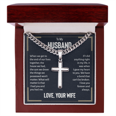 Cuban Link Chain with Engraved Artisan Cross - For Husband Love Your Wife